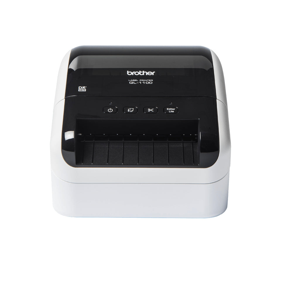 Brother QL-1100c - Imprimante d'étiquettes - thermique direct - Rouleau (10,36 cm) - 300 x 300 ppp - jusqu'à 110 mm/sec - USB 2.0 - outil de coupe - noir brillant, blanc