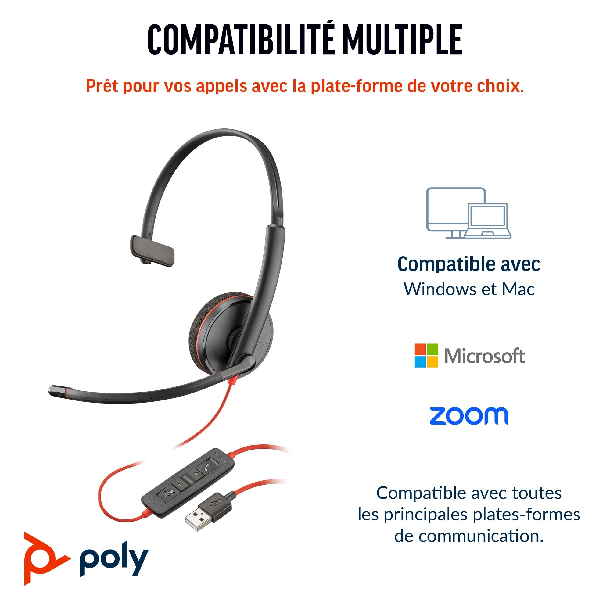 Poly Blackwire 3210 - Blackwire 3200 Series - micro-casque - sur-oreille - filaire - USB-C - noir - certifié UC, Certifié pour Skype for Business, certifié Cisco Jabber, Certifié Avaya - Replaces Poly SKU 209748-22