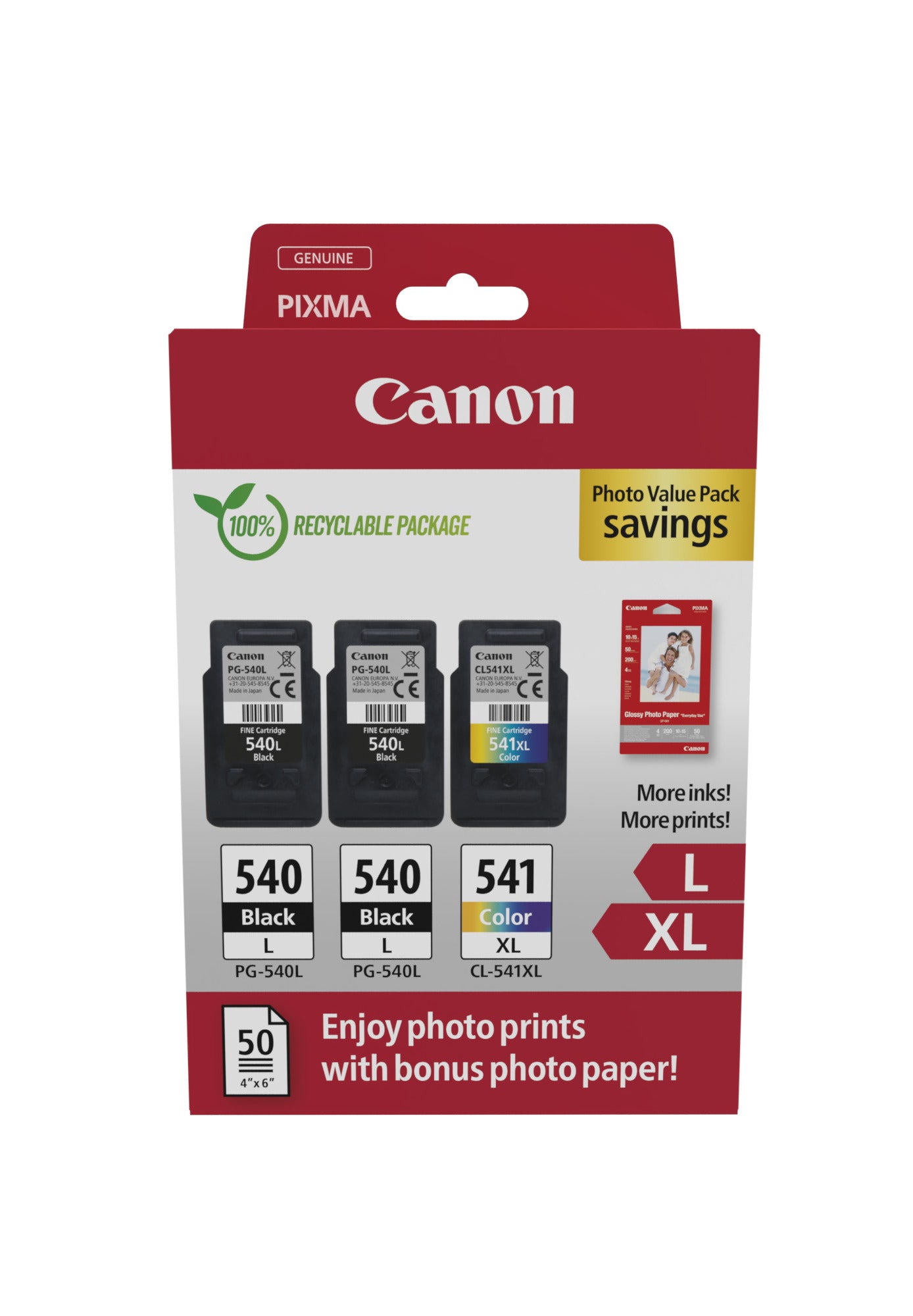 Canon PG-540L x2/CL-541XL Photo Paper Value Pack - Pack de 2 - noir, couleur (cyan, magenta, jaune) - original - boîte de suspension - jeu de papier / cartouche d'encre - pour PIXMA MG3250, MG3550, MG3650, MG4250, MX395, MX455, MX475, MX525, MX535, TS5150