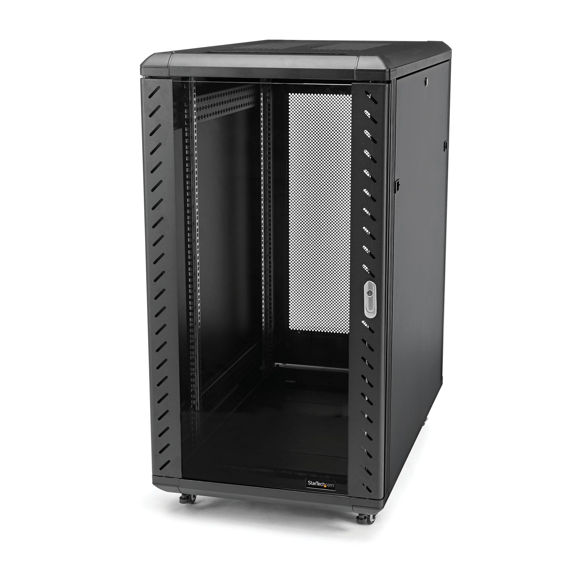 StarTech.com Baie Informatique 19" 32U - Profondeur Réglable 6-32" - Emballage Compact - Baie Serveur Vitrée 4 Colonnes Vérouillable - Roulettes - Réseau/Data/AV - Capacité 800kg (RK3236BKF) - Rack armoire - 4 montants - sur le sol - noir - 32U - 19"