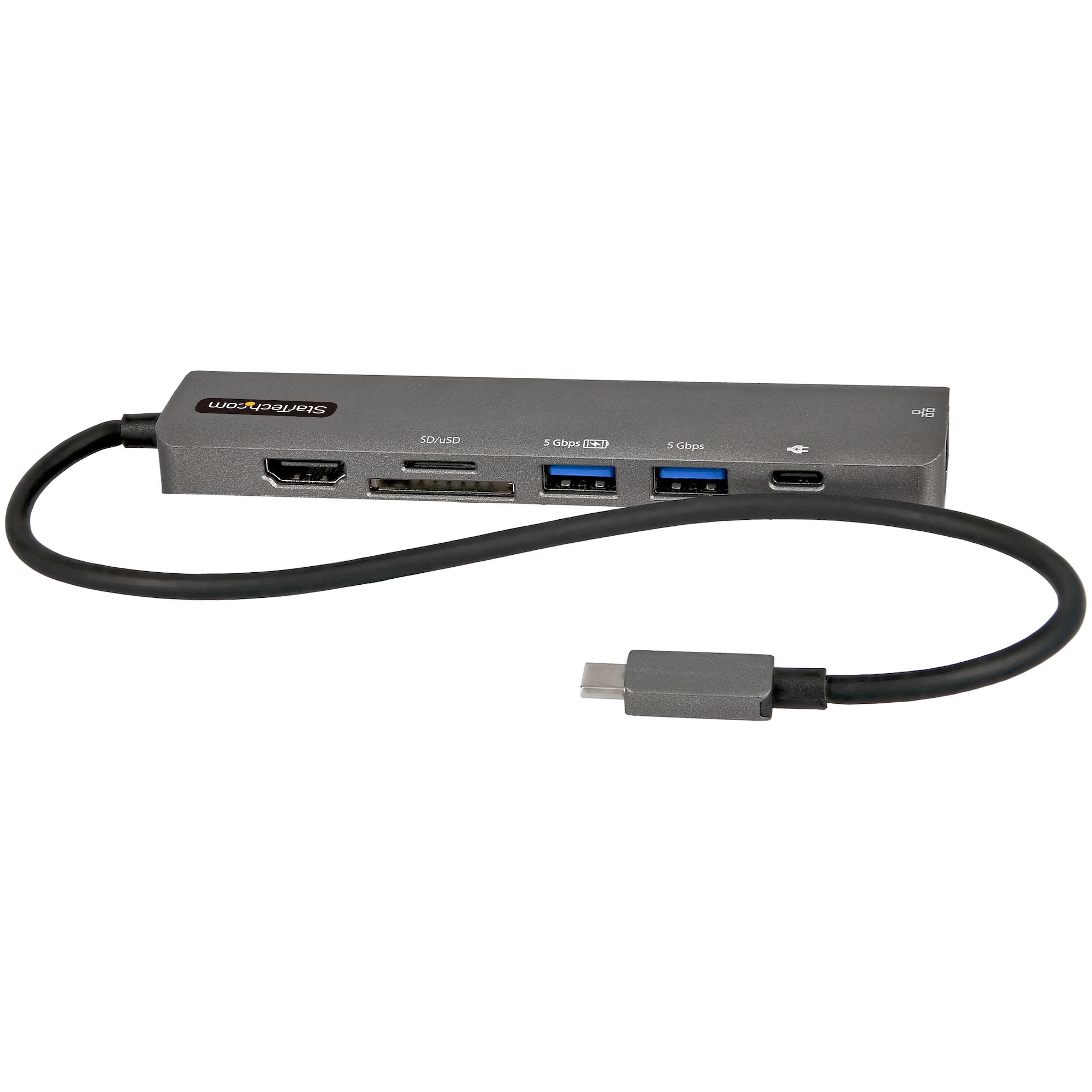 StarTech.com Adaptateur Multiport USB-C - USB Type C vers HDMI 2.0 4K 60Hz, Alimentation 100W Passthrough, SD/MicroSD, Hub 2 Ports USB 3.0 - GbE - Mini Dock USB-C - Câble Intégré 30cm (DKT30CHSDPD) - Station d'accueil - USB-C / Thunderbolt 3 - HDMI - 1GbE