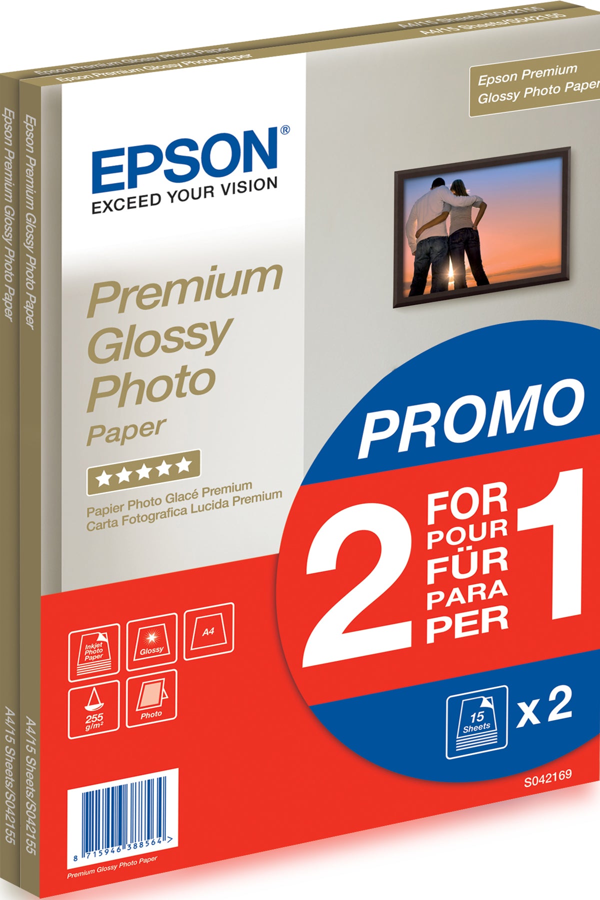 Epson Premium Glossy Photo Paper BOGOF - Brillant - A4 (210 x 297 mm) - 255 g/m² - 15 feuille(s) papier photo (pack de 2) - pour EcoTank ET-2650, 2750, 2751, 2756, 2850, 2851, 2856, 4750, 4850