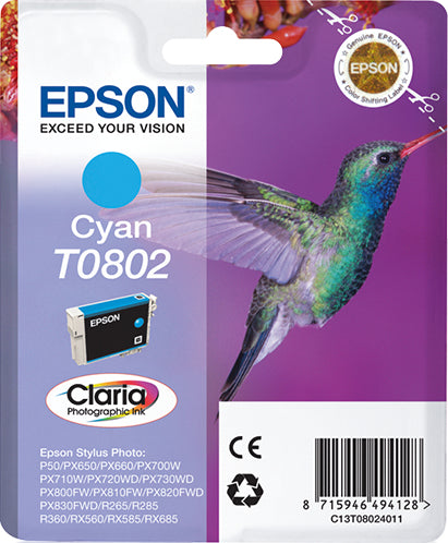 Epson T0802 - 7.4 ml - cyan - original - blister - cartouche d'encre - pour Stylus Photo P50, PX650, PX660, PX700, PX710, PX720, PX730, PX800, PX810, PX820, PX830
