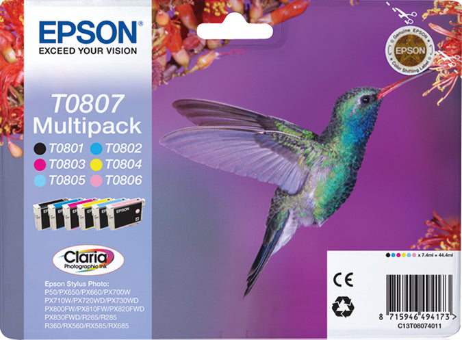 Epson T0807 Multipack - Pack de 6 - 44.4 ml - noir, jaune, cyan, magenta, magenta clair, cyan clair - original - blister - cartouche d'encre - pour Stylus Photo P50, PX650, PX660, PX700, PX710, PX720, PX730, PX800, PX810, PX820, PX830