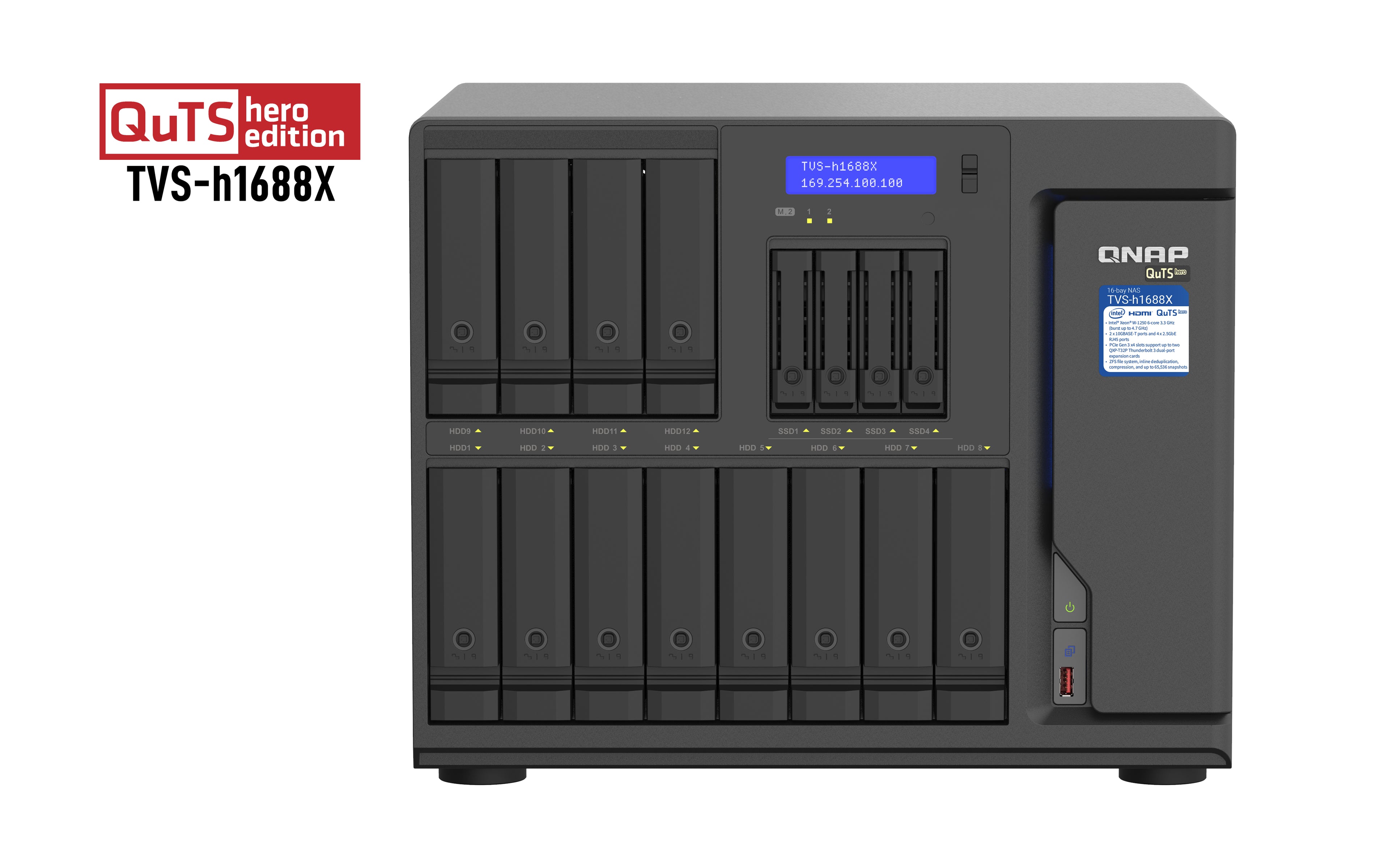 Serveur NAS QuTS hero de bureau Qnap TVS-h1688X-W1250-32G - Xeon W-1250 - 32 Go Ram -  16x2.5"/3.5", 4x2.5" SATA 6Gbps - Single PSU, 550W - Garantie 2 ans