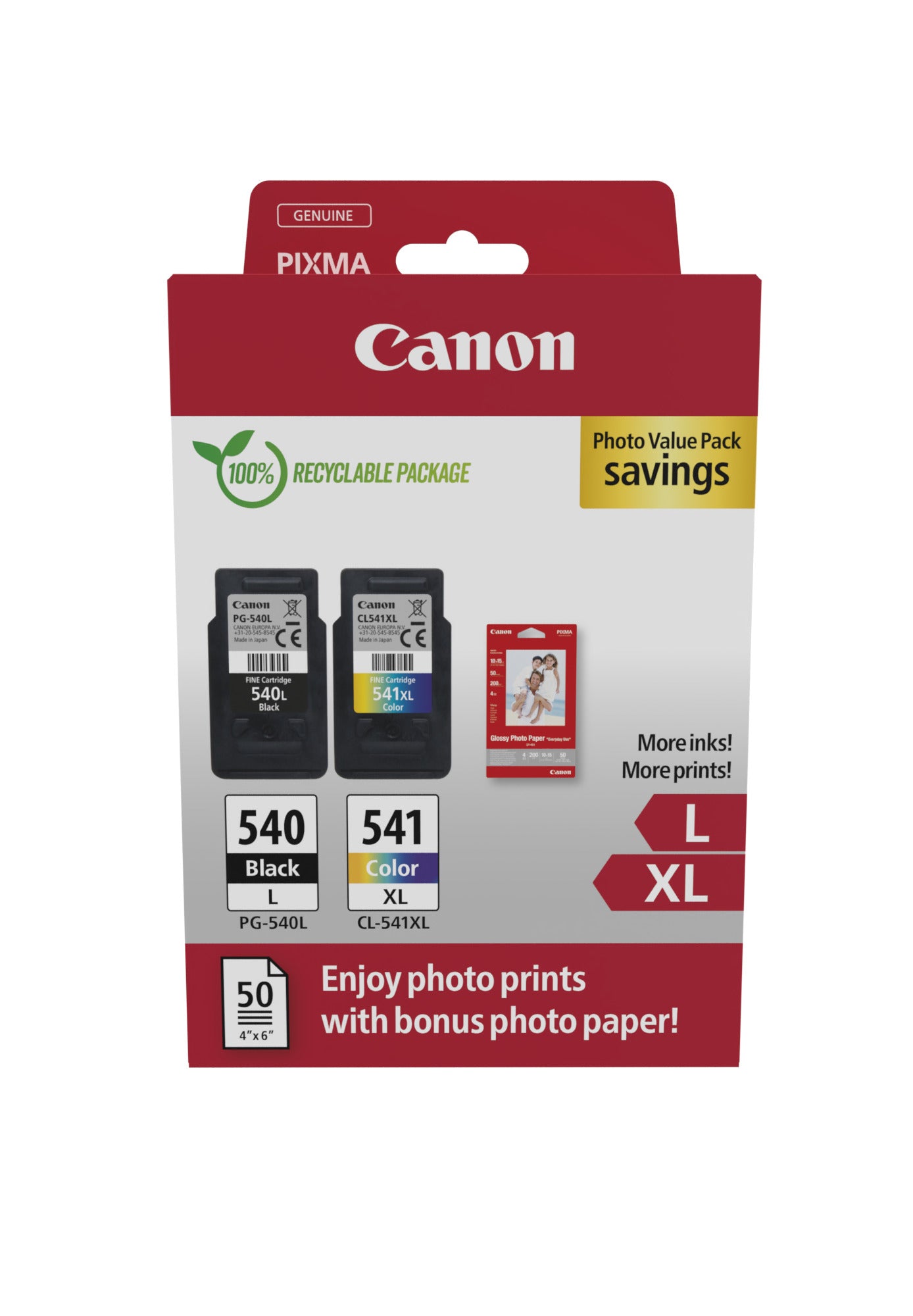 Canon PG-540L/CL-541XL Photo Value Pack - Brillant - pack de 2 - à rendement élevé - noir, couleur (cyan, magenta, jaune) - original - boîte de suspension - réservoir d'encre/kit papiers - pour PIXMA MG3250, MG3550, MG3650, MG4250, MX395, MX455, MX475, MX