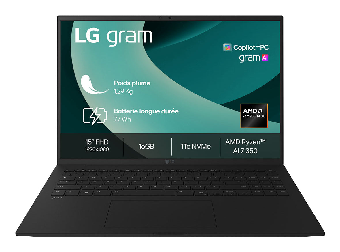 LG gram 15Z80T-G.AZ78F - AMD Ryzen AI 7 - 350 / jusqu'à 5 GHz - Win 11 Pro - Radeon 860M - 16 Go RAM - 1 To SSD NVMe - 15" IPS 1920 x 1080 (Full HD) - Wi-Fi 6E, Bluetooth - Noir vitreux - clavier : Français
