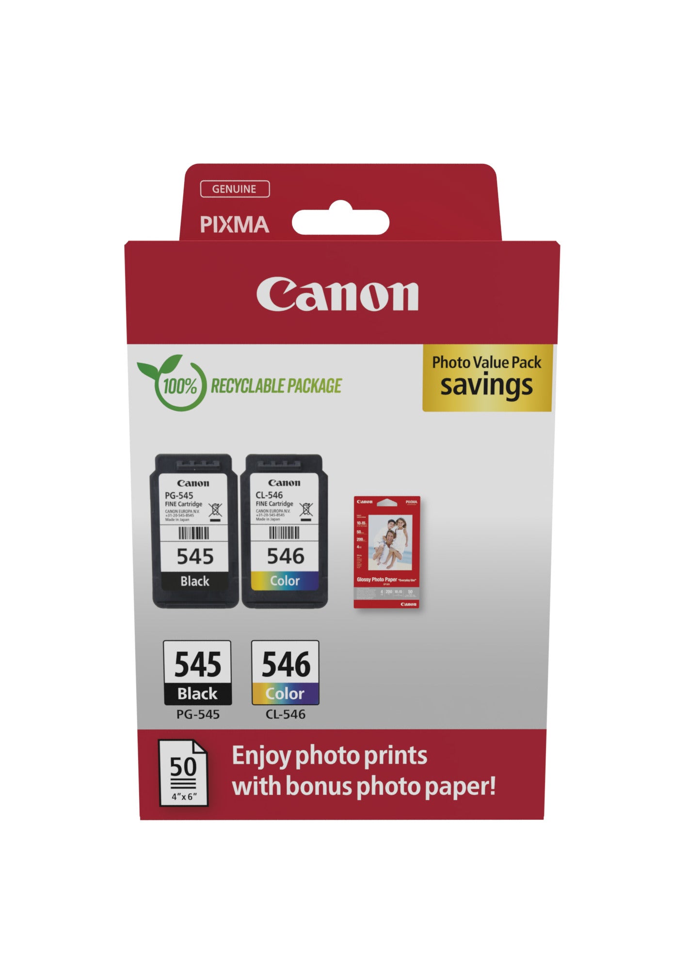 Canon PG-545 / CL-546 Value Pack - Pack de 2 - 8 ml - noir, couleur (cyan, magenta, jaune) - original - boîte de suspension - jeu de papier / cartouche d'encre - pour PIXMA iP2850, MG2450, MG2550, TR4550, TR4551
