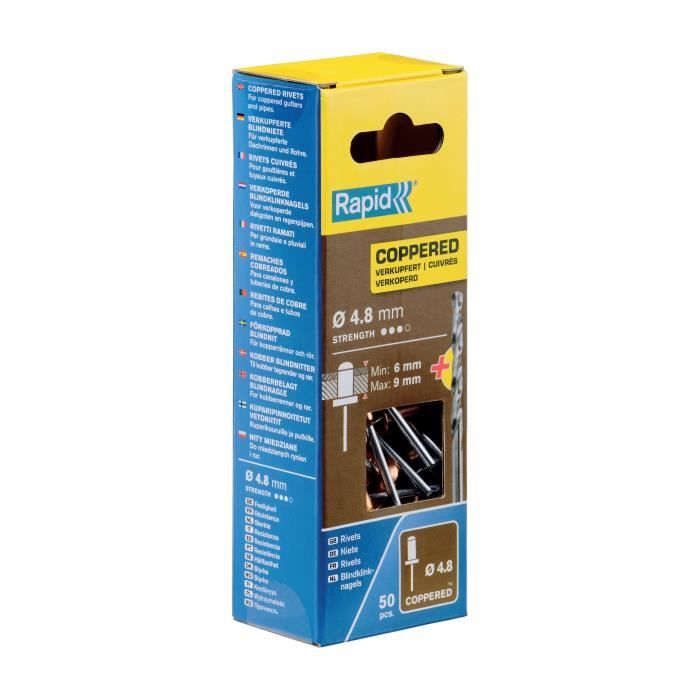 Rivets cuivre Ø4,8 x 12mm - RAPID - Rivets aveugles pour placo et paroies creuses - Boîte 50 + 1 Foret - (5001467)