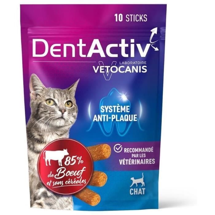 DentActiv - 10 Bâtonnets - VETOCANIS - Hygiene Bucco-Dentaire au Boeuf pour Chat