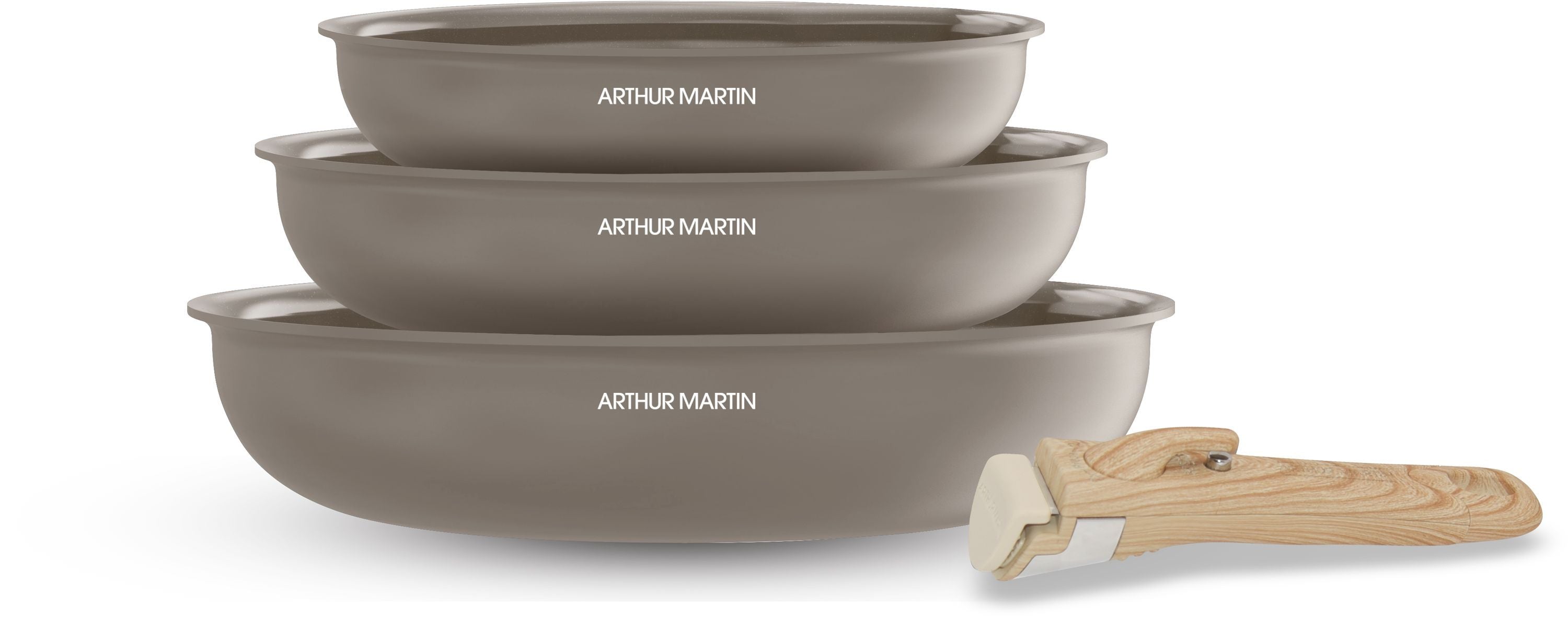 Set de 3 poeles - Tous feux dont induction - ARTHUR MARTIN - AM4587 - Céramique - Ø 20-24-28 cm + poignée amovible - Taupe