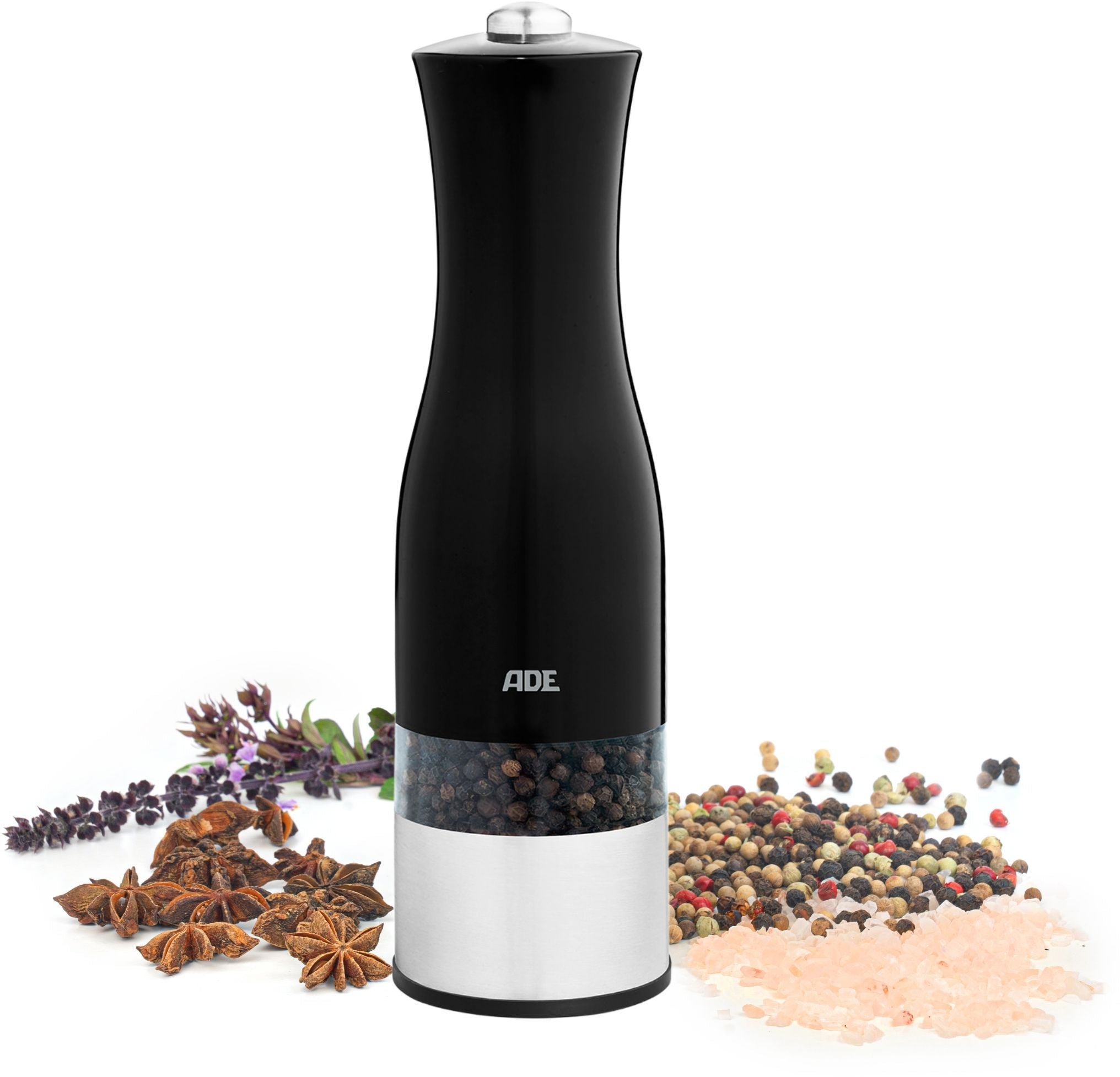 Moulin Poivre/Sel électrique - ADE -KITCHEN GADGETS - Acier inoxydable/plastique - H 22,5 cm - Inclus 6 pilles AAA - Noir