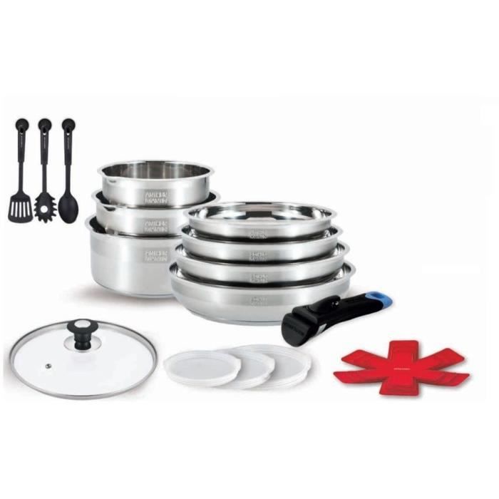 Batterie de cuisine - Tous feux dont induction - ARTHUR MARTIN - Sans PFOA/PFAS - Acier inoxydable 18/10 - 18 pc - Poignée amovibles