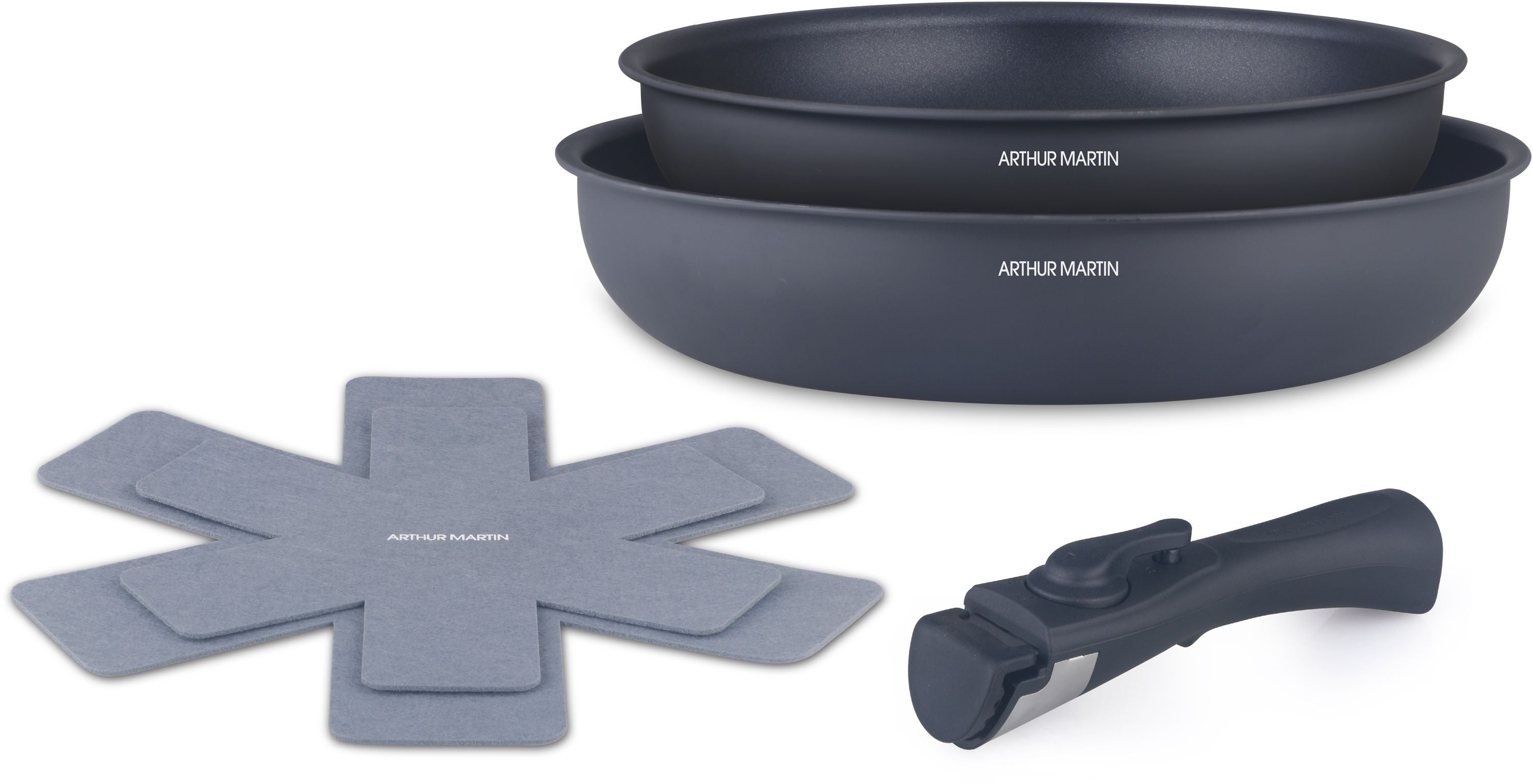 Set de 2 poeles - Tous feux dont induction - ARTHUR MARTIN - AM2977 - Anti-adhésif - Ø 24-28 cm + Poignée amovible - Gris mat