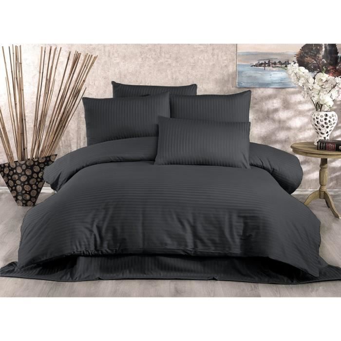 Parure de lit - 1 housse de couette 220x240 cm + 2 taies d'oreiller 60x60 cm - 80% coton, 20% polyester - Anthracite