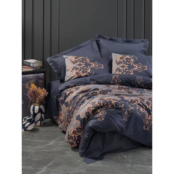 Parure de lit - 1 housse de couette 220 x 240 cm + 2 taies d'oreiller 60 x 60 cm - Satiné 100% coton - Bleu