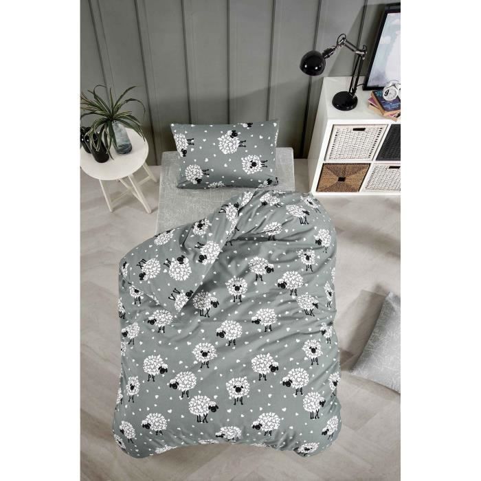 Parure de lit - 1 housse de couette 220 x 240 cm + 2 taies d'oreiller 60 x 60 cm - 65% coton, 35% polyester - Gris