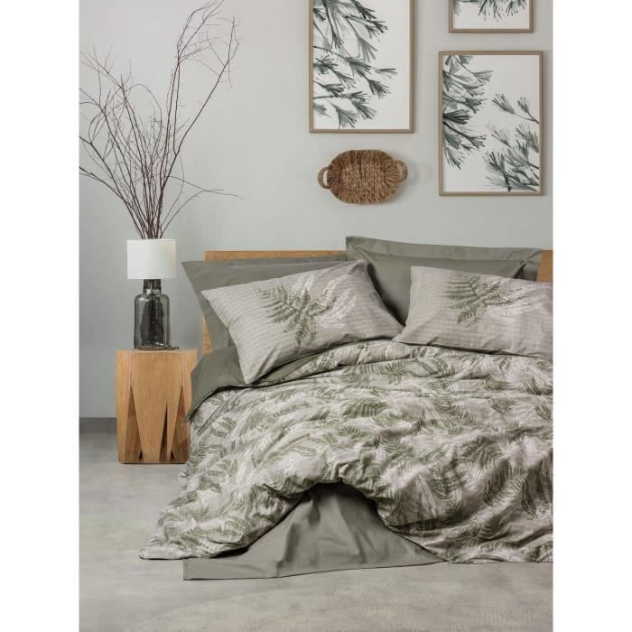 Parure de lit - 1 housse de couette 220 x 240 cm + 2 taies d'oreiller 60 x 60 cm - 100% coton renforcé - Kaki