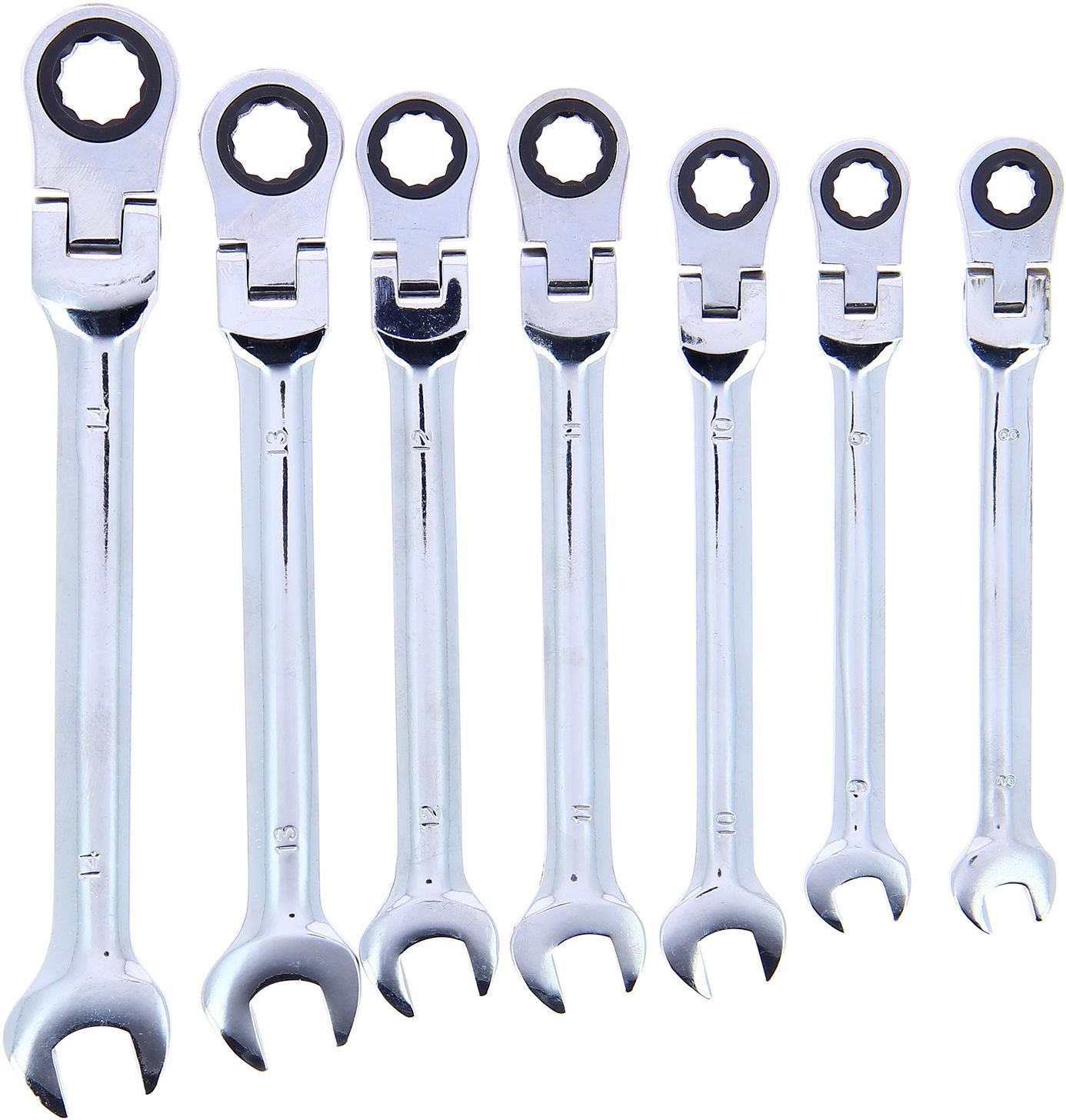 Jeu de 7 Clés mixtes a cliquet - PRECISION STEEL -  8 / 9 / 10 / 11 / 12 / 13 / 14 - Clé a fourche, avec oeil inclinable a 180°
