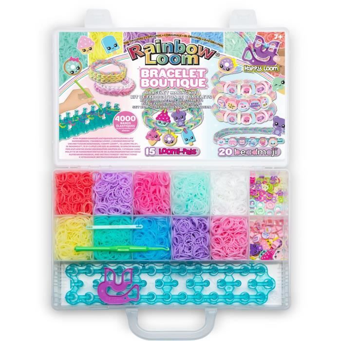 Coffret fabrication automatique de bracelets élastiques - BANDAI - Rainbow Loom Boutique - Contient 4000 Élastiques, Beadmojis...