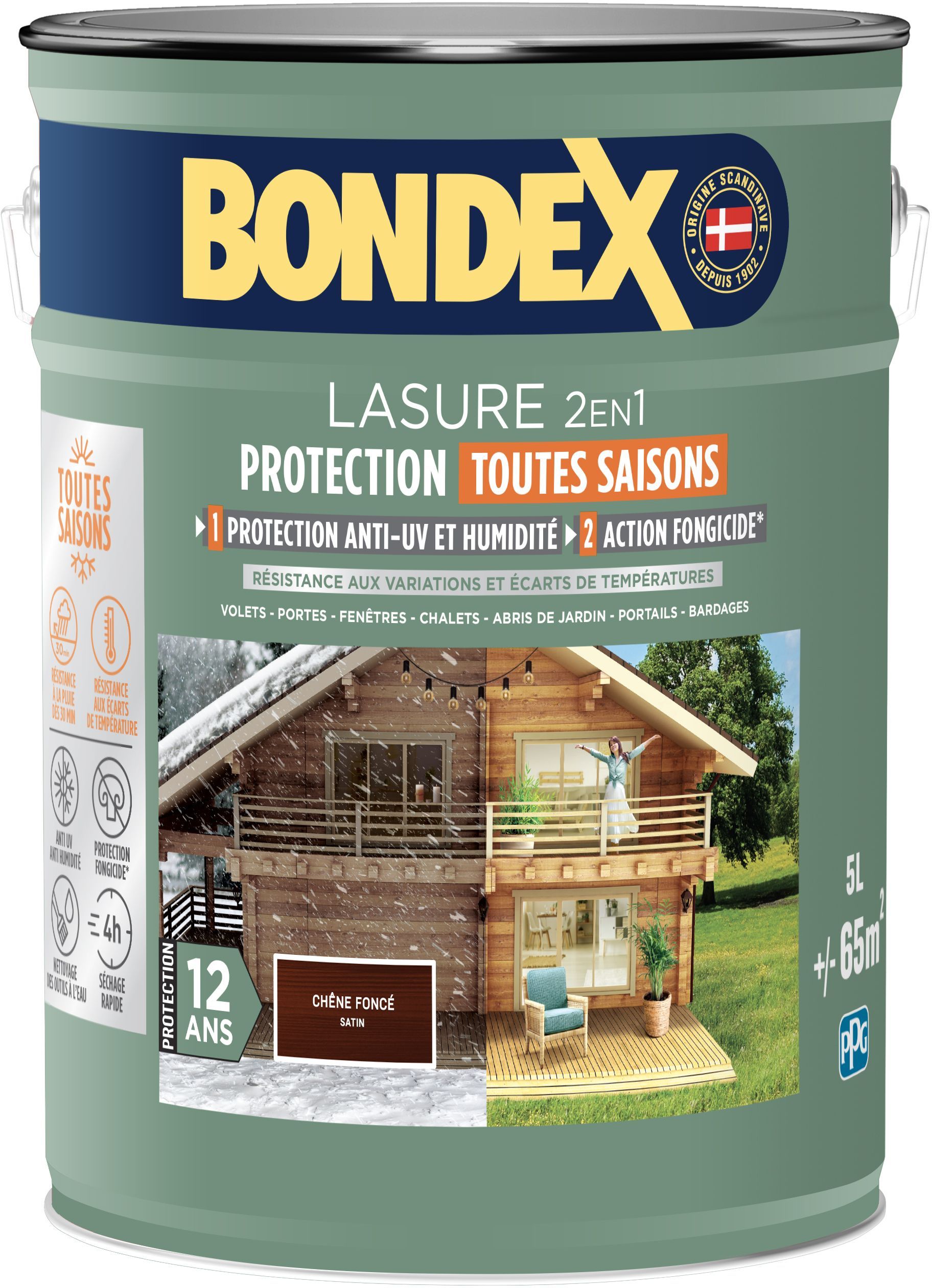 Lasure 2 en 1 protection extérieure - Chene Moyen - Satin - Protection 12 ans - Toutes saisons - Bondex - 5L
