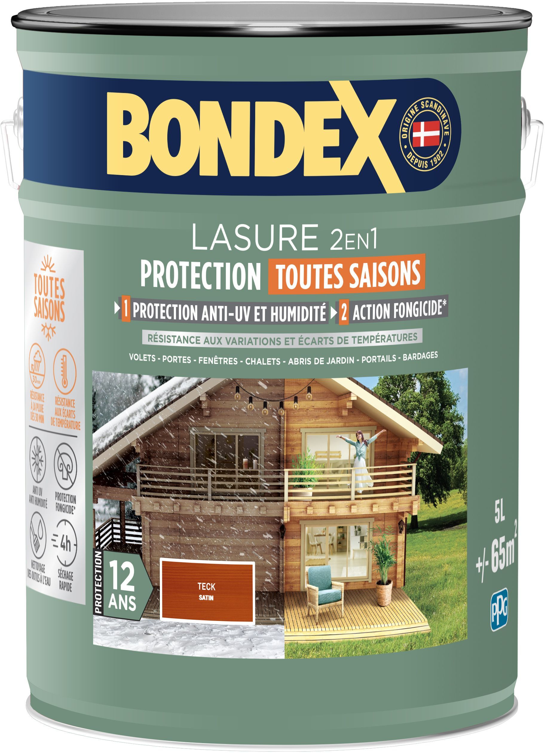 Lasure 2 en 1 protection extérieure - Teck - Satin - Protection 12 ans - Toutes saisons - Bondex - 5L