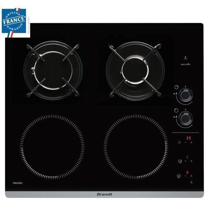 Table de cuisson mixte induction / gaz BRANDT BPI6413BM - 4 zones - L 51 x P 58 cm - Revetement verre - Noir