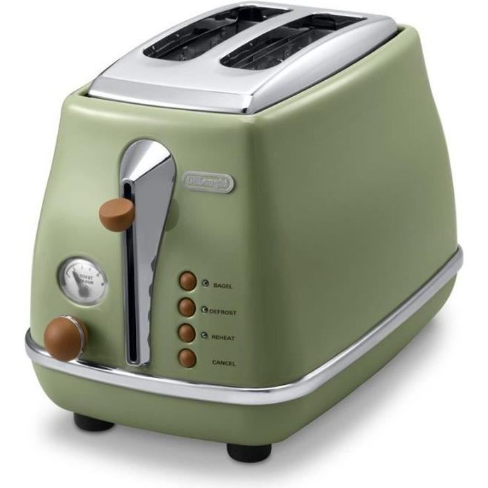 Grille pain - Delonghi - Icona Vintage - 2 tranches - 6 positions - Vert Olive/Chocolat