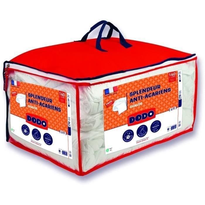 DODO Pack Couette chaude anti-acariens 140x200 cm + 1 oreiller 60x60 cm - Splendeur - Garnissage 100% volupt'air  350gr/m² - Blanc