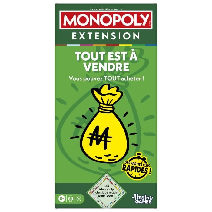 Monopoly Extension Tout est a vendre, rend le jeu Monopoly classique plus amusant et plus rapide, jeux de plateau, 2 a 6 joueurs, 40