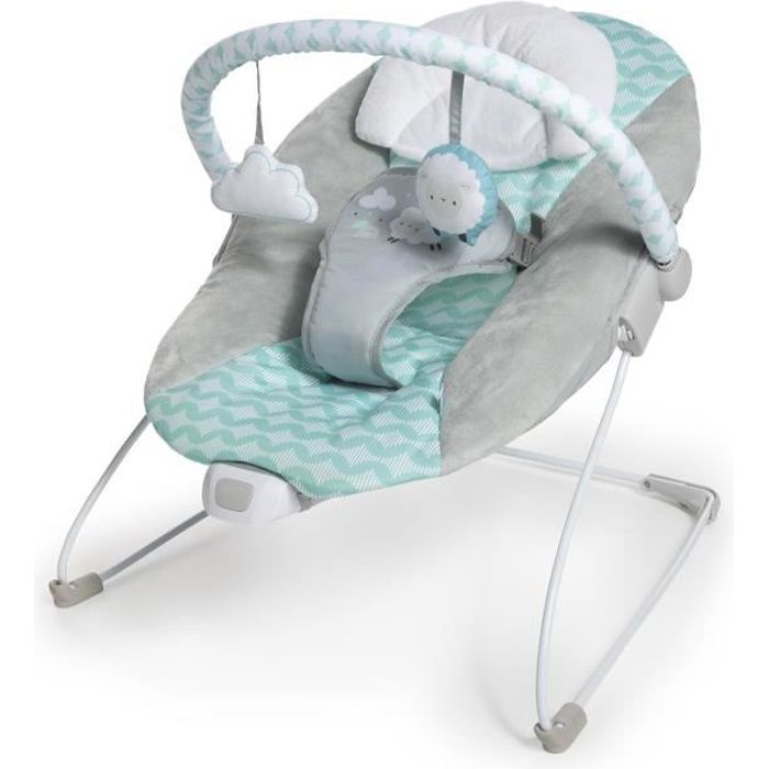 INGENUITY Transat bébé Nuages, Vibrations apaisantes, Arche d'éveil avec 2 peluches, Cale tete amovible, Cadeau Noel bébé