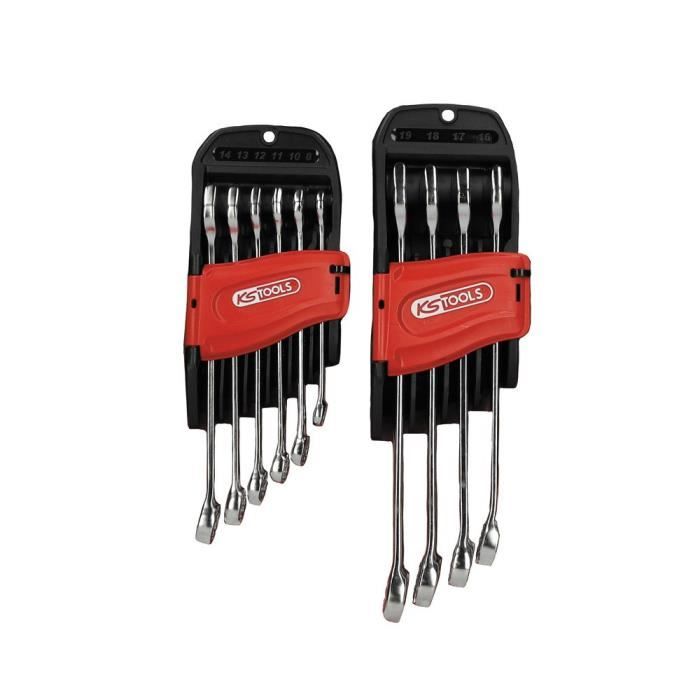 Jeu de 10 clés mixtes métriques - KS TOOLS - 922.0050 - Sur support - 8 a 19 mm - Angle de fourche et oeil incliné a 15°