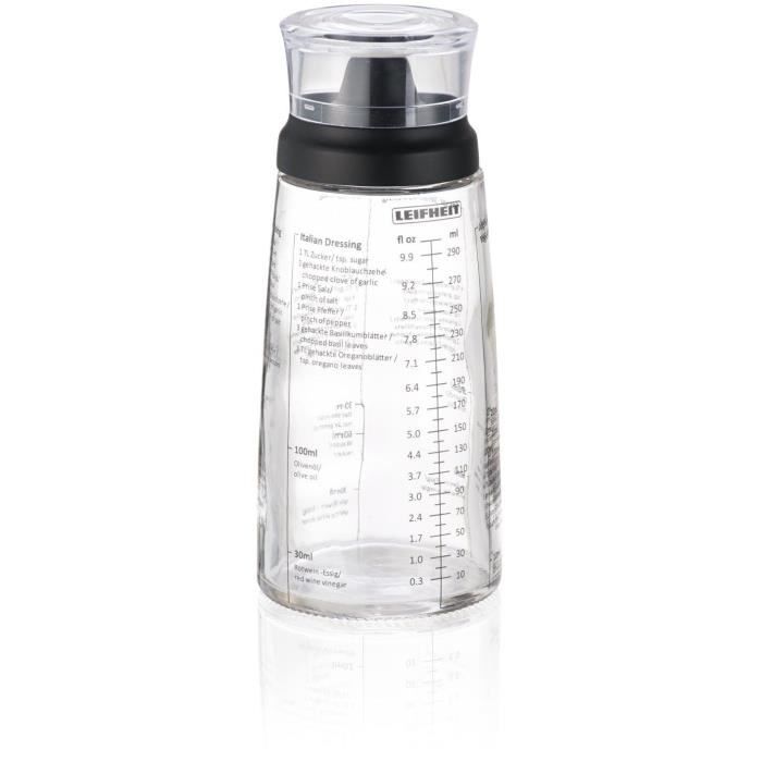 Shaker a Vinaigrette Leifheit 3195, mélangeur vinaigrette gradué de 300 ml avec bec verseur anti-goutte, 5 recettes incluses