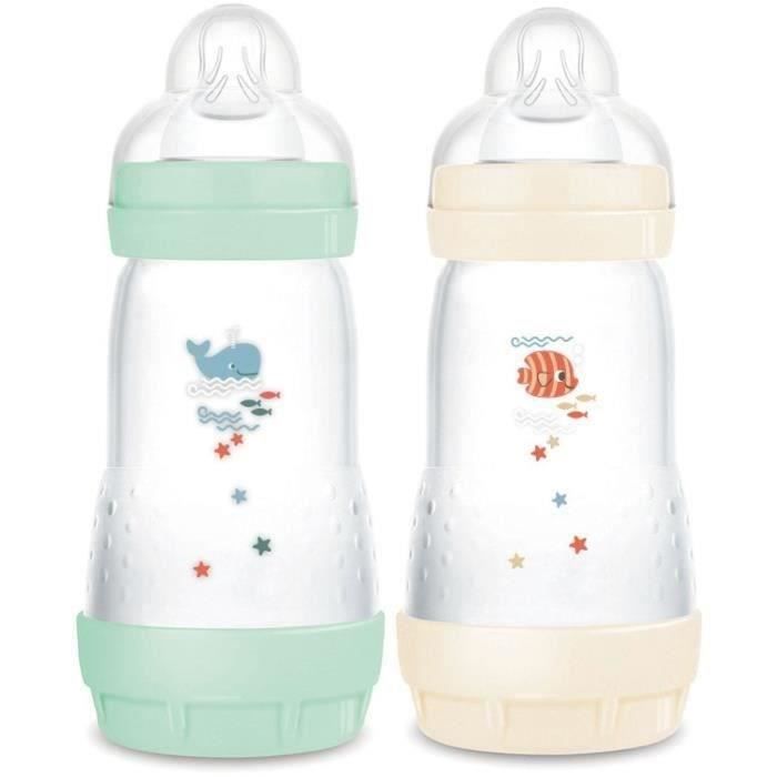 Lot de 2 Biberons - MAM - Easy Start - Anti-colique Classique - 260 ml - Tétine débit 2 - Menthe + Coton