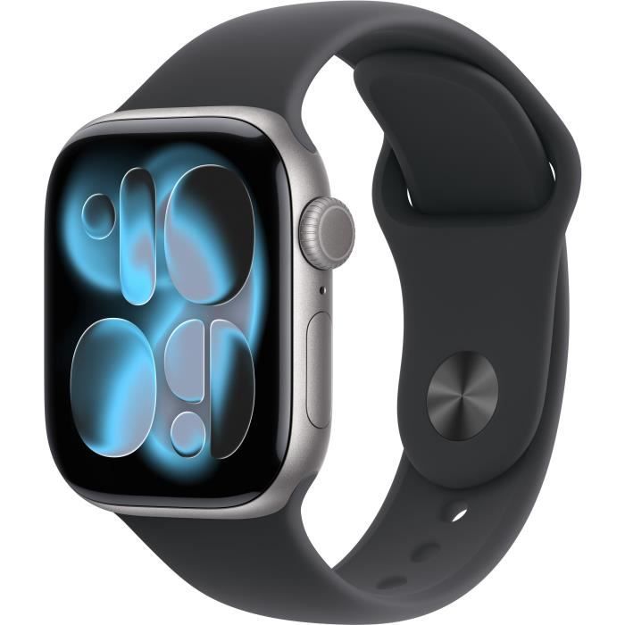 Apple Watch Series 11 (GPS) - 42 mm - espace gris en aluminium - montre intelligente avec bande sport - fluoroélastomère - noir - taille du bracelet : S/M - 64 Go - Wi-Fi 4, UWB, Bluetooth - 30.3 g