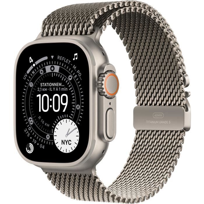 Apple Watch Ultra 3 GPS + Cellular - 49mm - Boîtier Natural Titanium  - Bracelet Natural Titanium Milanese Loop - Large