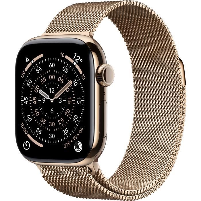 Apple Watch Series 11 (GPS + Cellular) - 42 mm - titane doré - montre intelligente avec boucle milanaise - maille en acier inox - or - taille du poignet : 130-180 mm - 64 Go - LTE, Wi-Fi 4, UWB, Bluetooth - 5G - 34.6 g