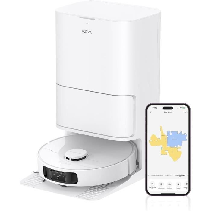 Robot aspirador et lave-sol MOVA E30ULTRA 7000 Pa, réservoir 4 l, auton. 3 h, blanc