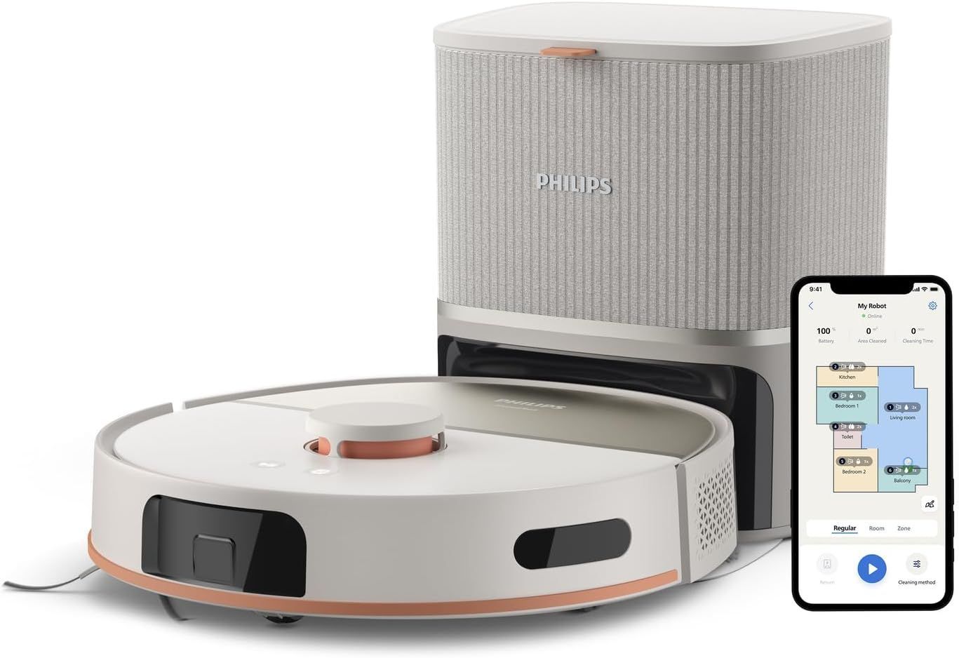 Aspirateur robot laveur avec station - PHILIPS - XU5100/20 - Série 5000 - 10 000 Pa - = 66 dB - Beige