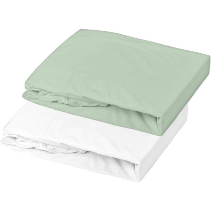 Lot 2 drap housse - P'TIT DODO - Jersey - 70 x 140 cm - Blanc / Vert gris