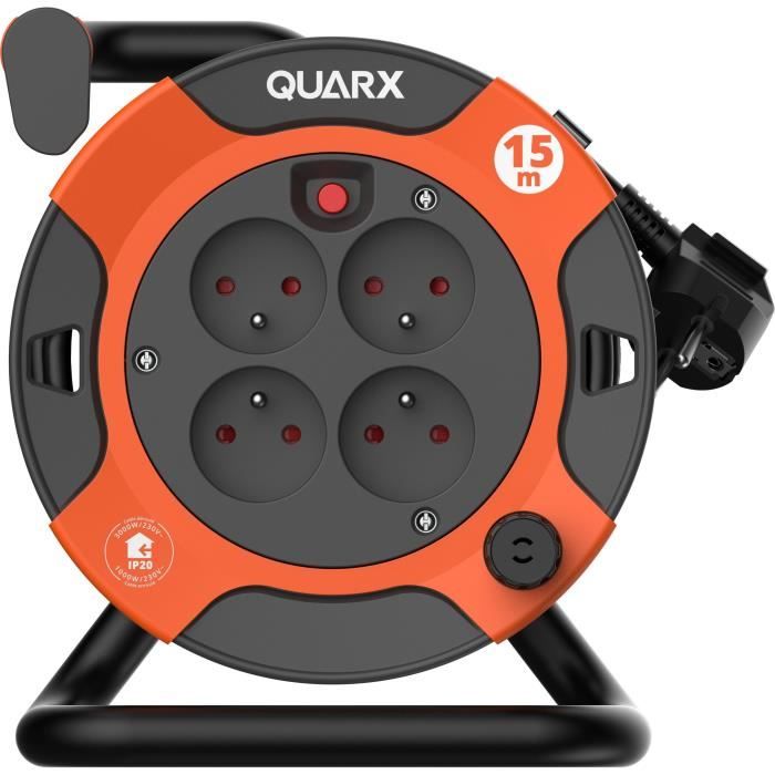 Enrouleur - QUARX - Bricolage - 15m, H05VV-F 3G1,5mm², disjoncteur thermique