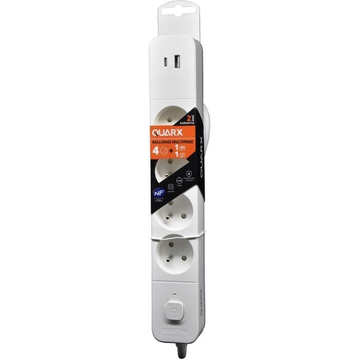 Multiprise - QUARX - 4 prises - Avec USB Type C et USB A, câble 1,5m