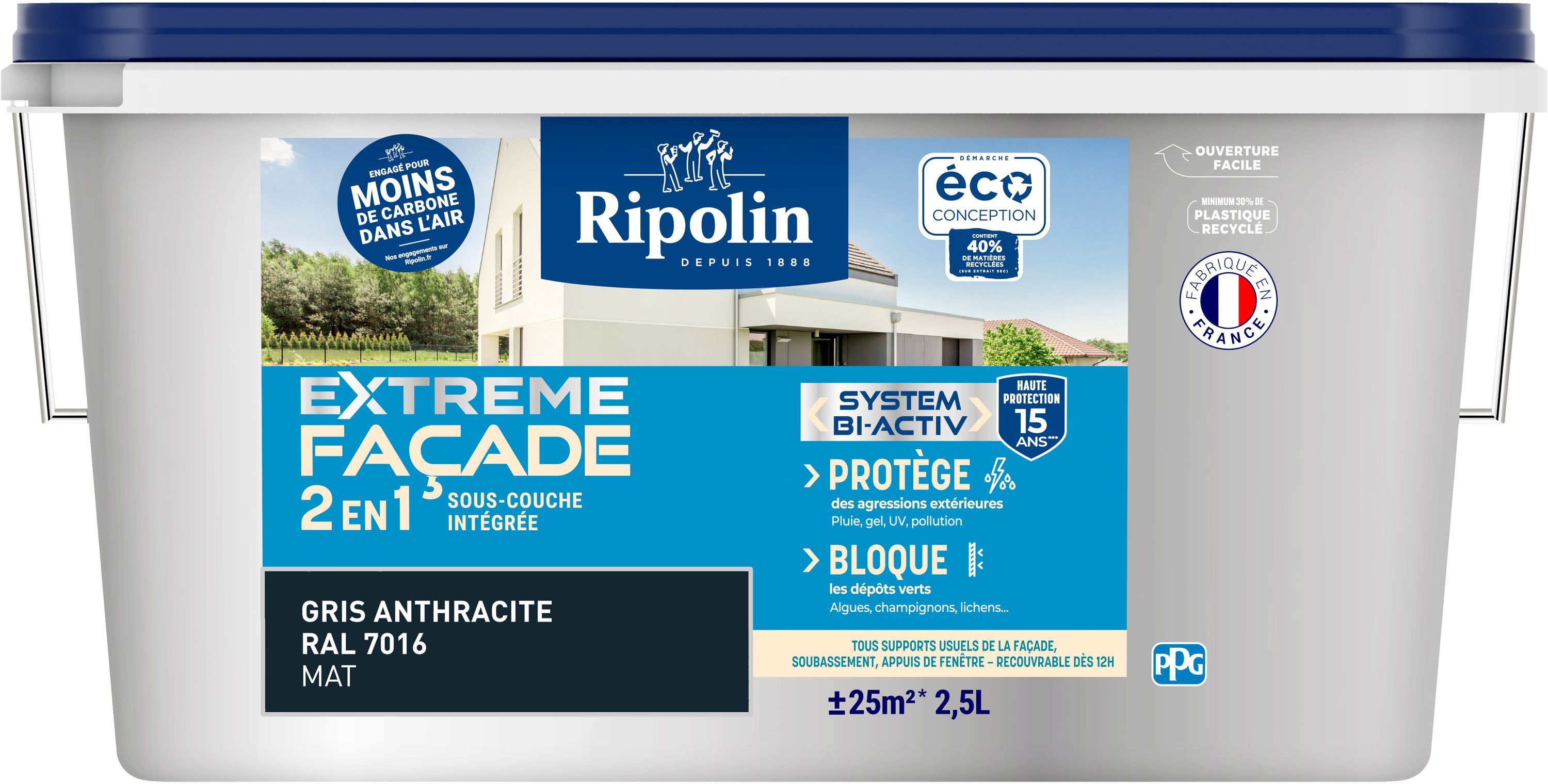 Peinture extreme façade 2 en 1 - Gris Anthracite - Mat - Ripolin - 2,5L