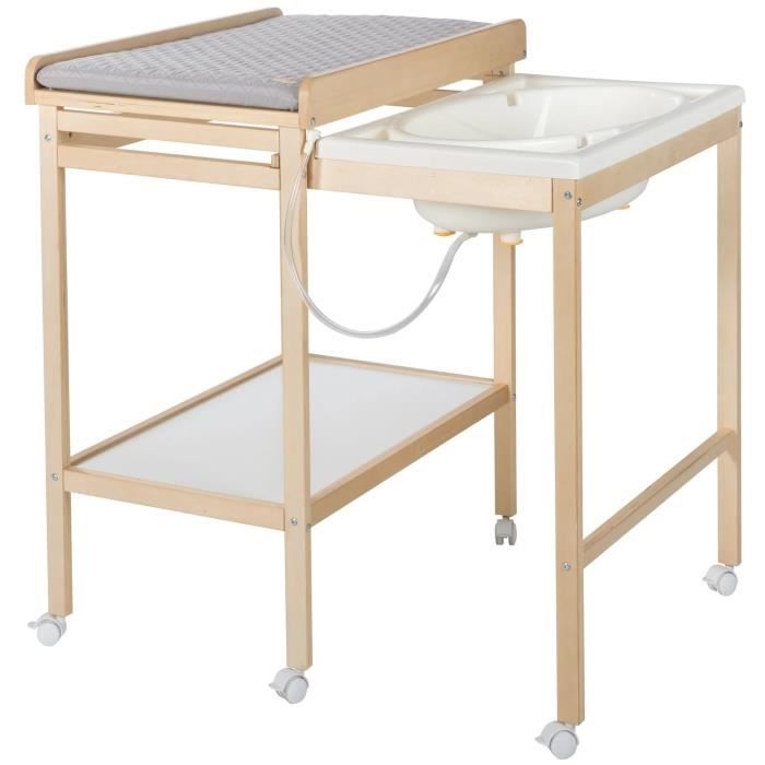 Table a langer avec baignoire coulissante - ROBA - Inclus matelas depérlant Roba style Gris - Tablette de rangement - Bois Naturel