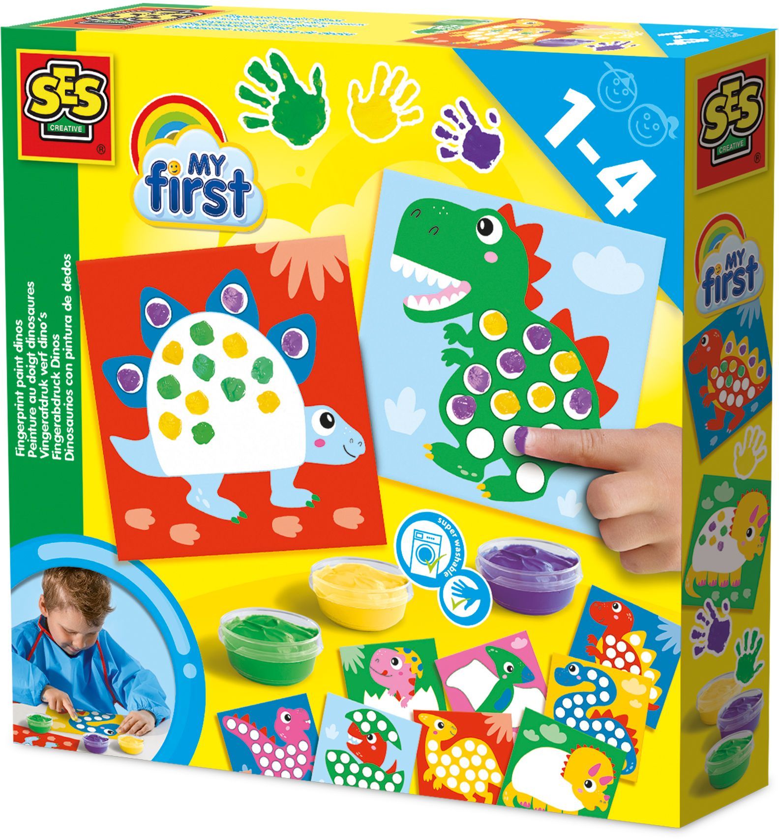 SES Creative - Hobby 1 - 4 - My first - Peinture au doigt dinosaures - Peinture bebe - Ne déteint pas - 3 couleurs de peinture - 1+