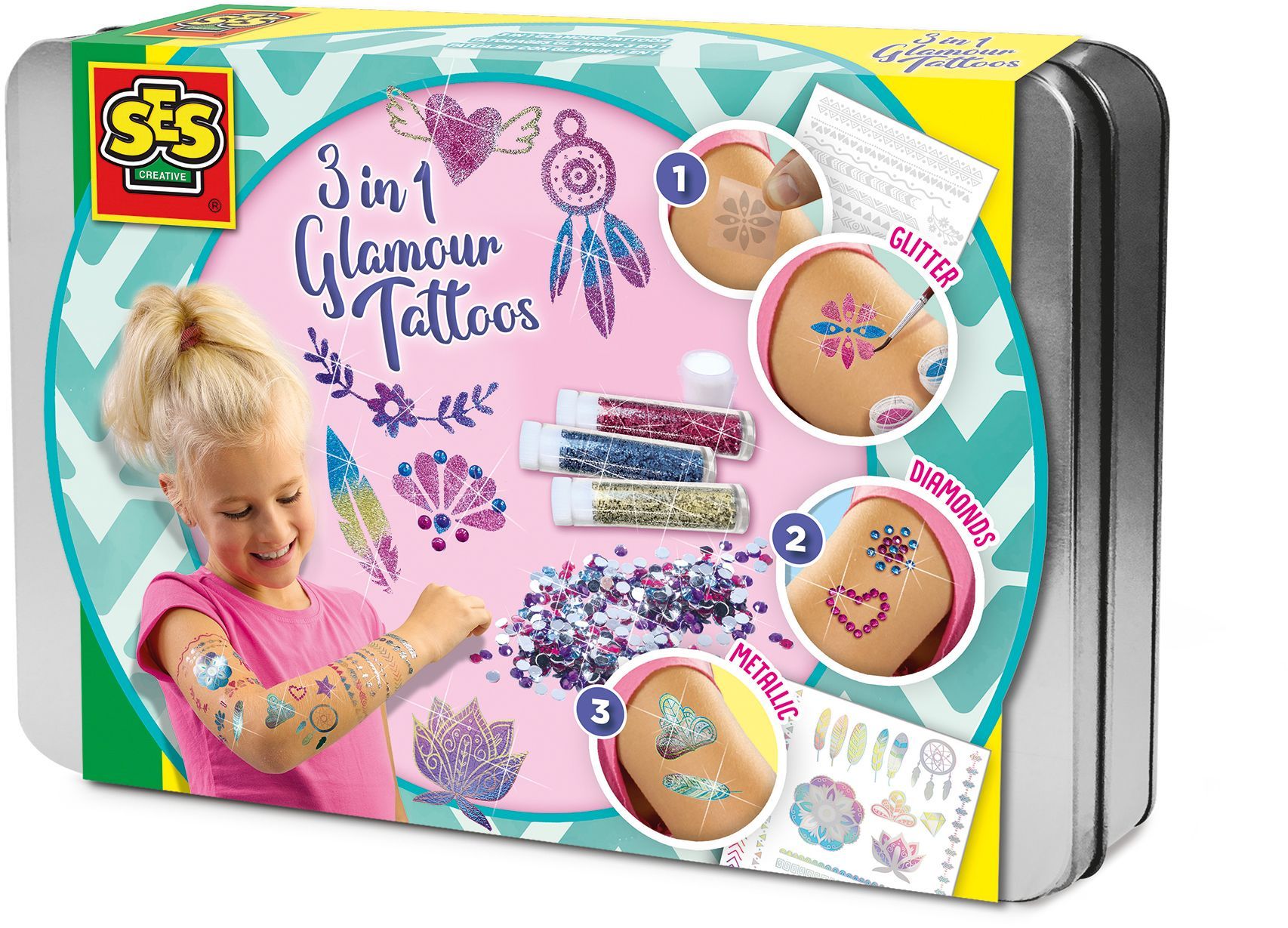 Tatouages glamour 3 en 1 - SES CREATIVE - Hobby Pink - Activité manuelle créative - Idée cadeau filles - Age : 5+