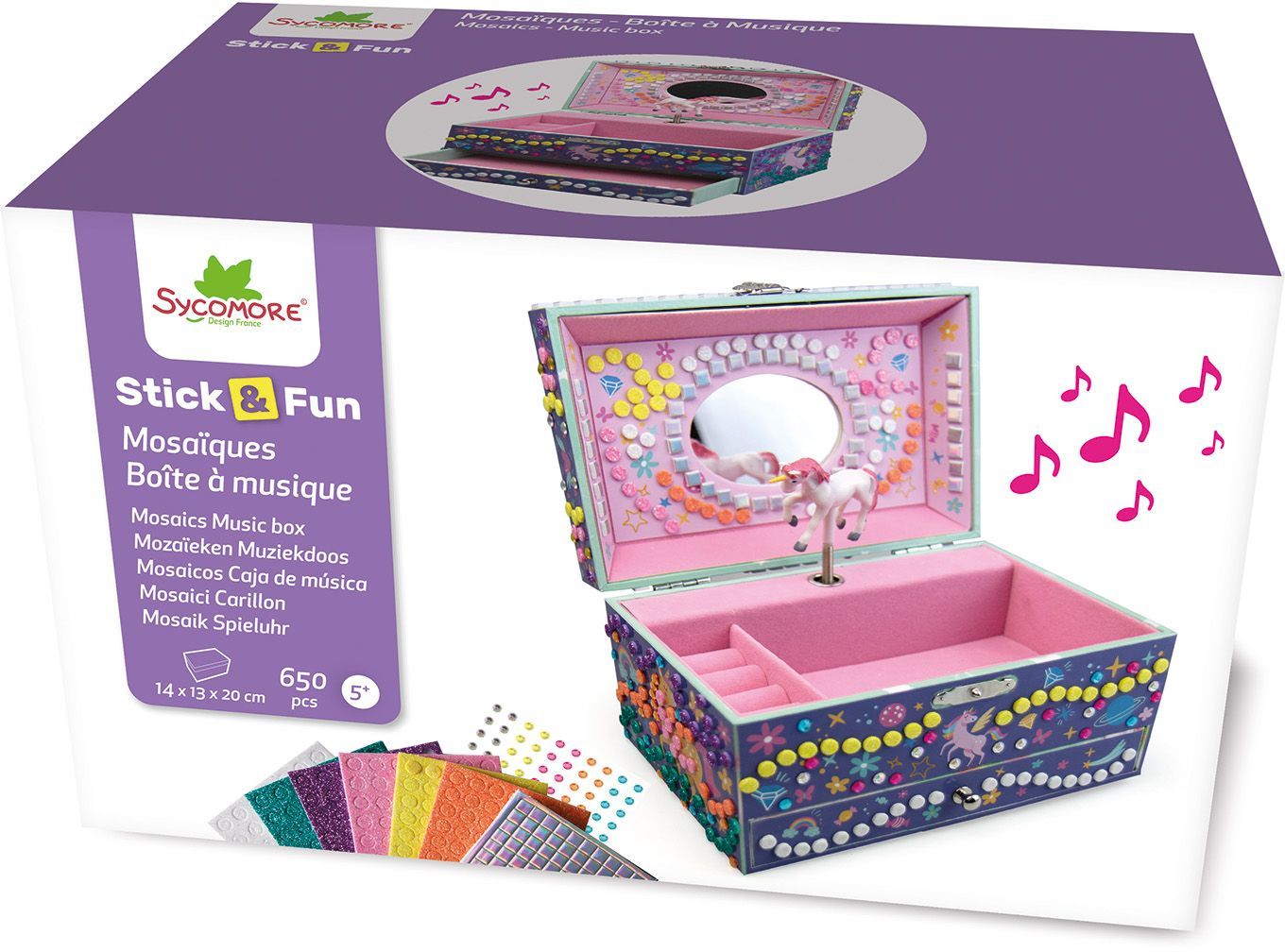 3D Mosaiques - SYCOMORE - Stick'N Fun - Boîte a musique Licorne - Des 5 ans