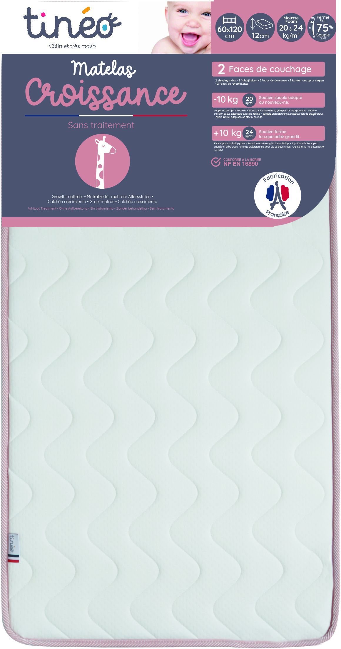 Matelas TINEO CROISSANCE - Evolutif - 2 faces de soutien : Ferme et Souple - 60x120x12 cm
