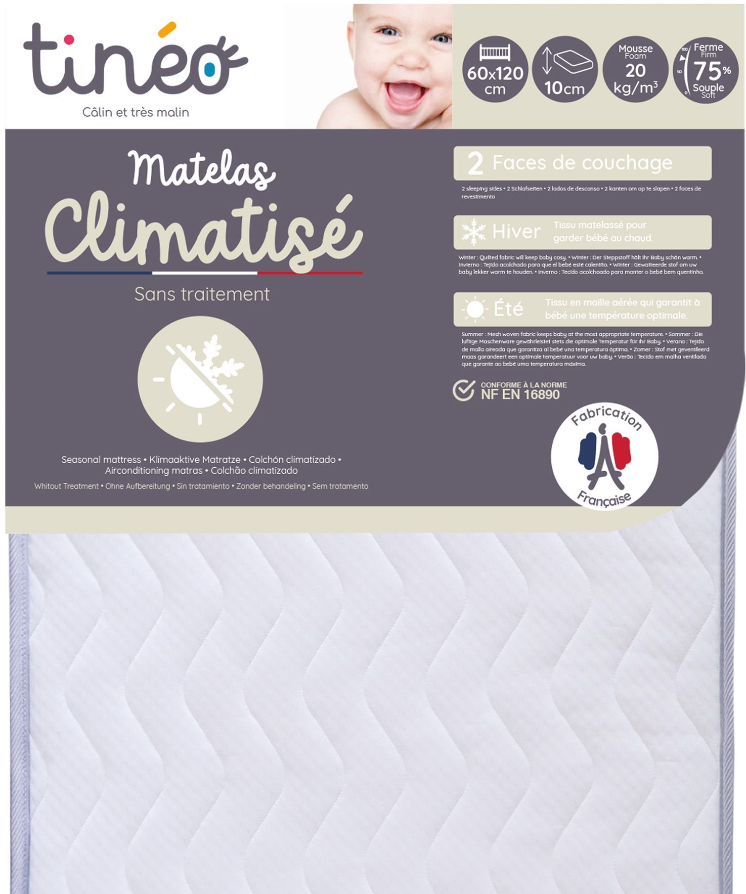 Matelas Climatisé TINEO 60x120x10cm - Matelas Bébé - Climatisé - 1 Face Été - 1 Face Hiver - Sans Traitement - Fabriqué En France