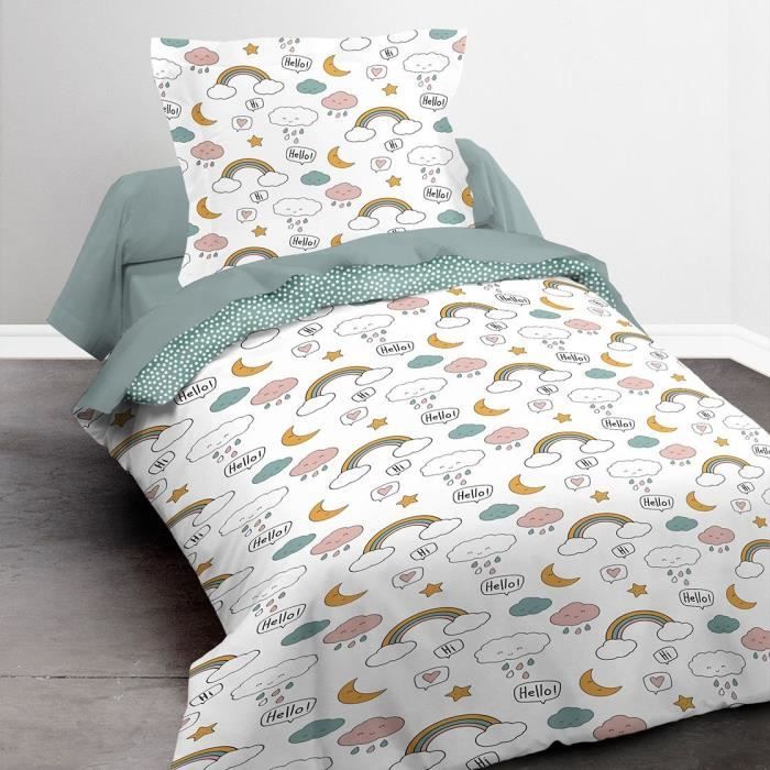 Parure de lit - RDC 1.15 - Housse de couette 140x200 cm et 1 taie d'oreiller 63x63 cm - Vert imprimé enfant - TODAY
